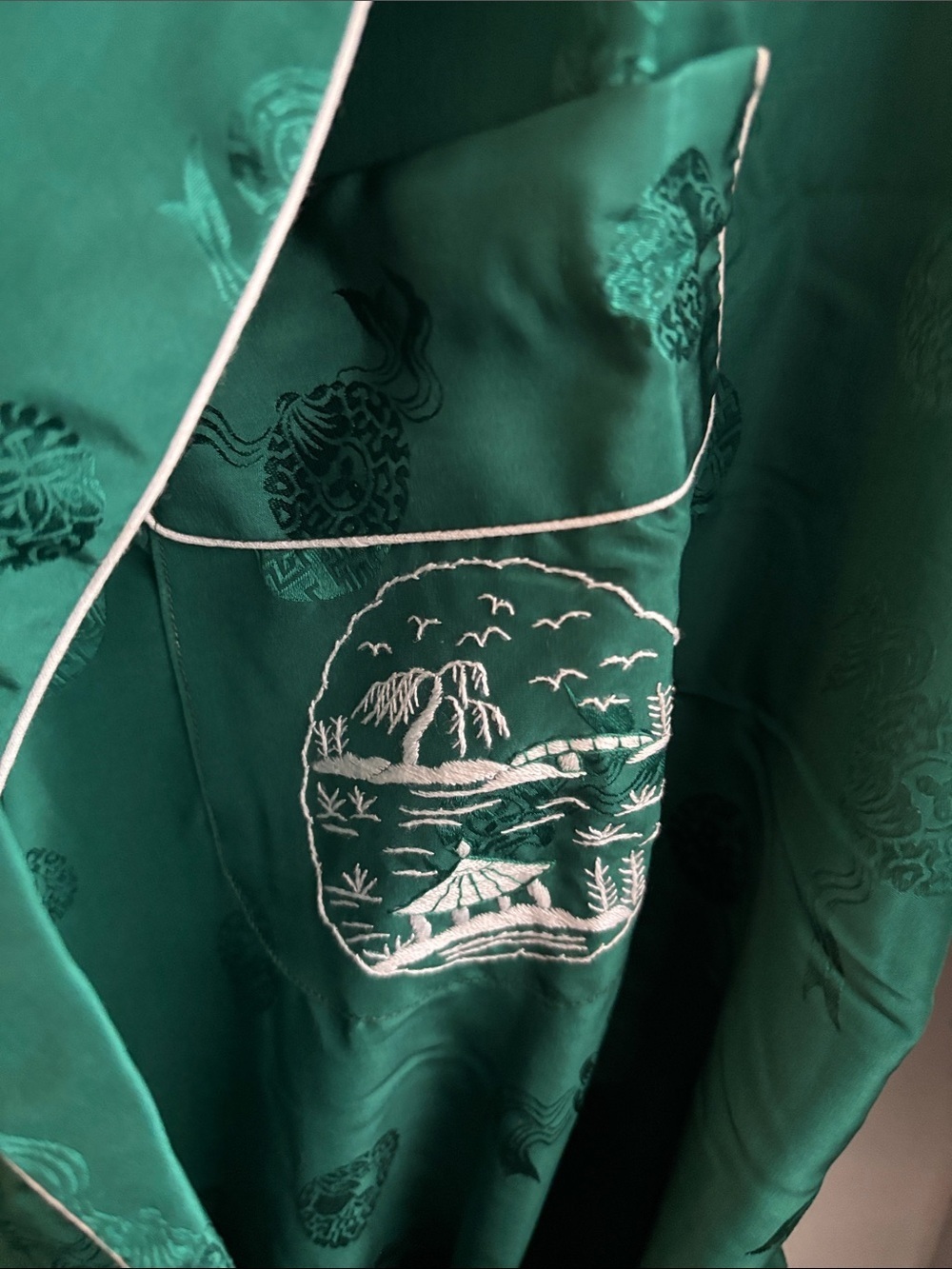 HEALTH Sz L 100% Silk Emerald Green Fabric Jacquard Motif Patch Pockets NEW - Picture 3 of 9